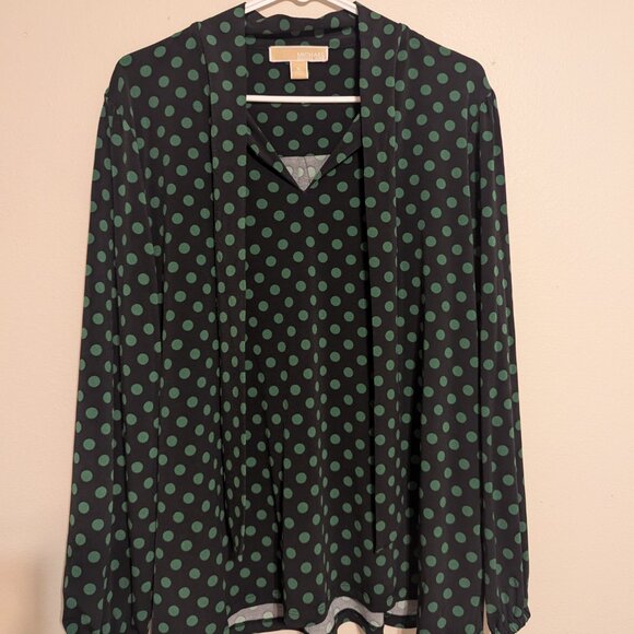Michael Kors Black and Green Polka Dot Tie-Neck Top - Picture 2 of 8